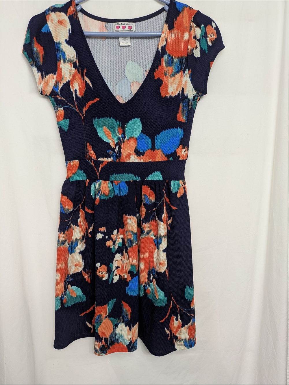 Three Hearts Navy Floral V-Neck Midi Dress with Teal & Coral Accents - Picture 2 of 7